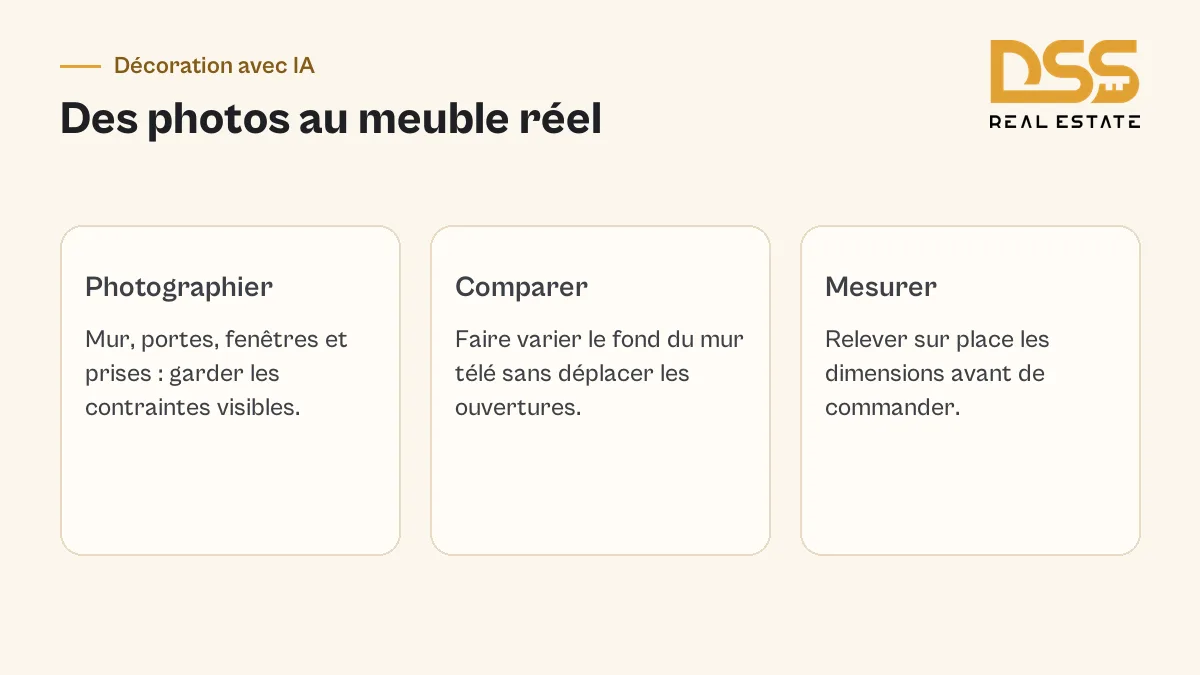 Photos de la pièce, variantes du mur télé et vérification réelle des dimensions avant achat
