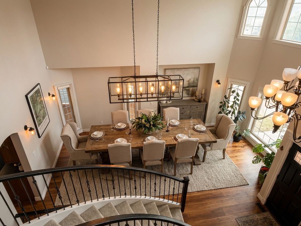 Dining room remodeled in farmhouse style with large table and chandelier using AI