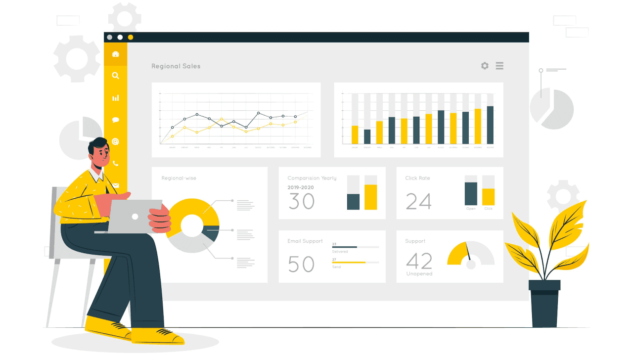 IlPerson analyzing business dashboard metrics on a laptop with charts and graphs.