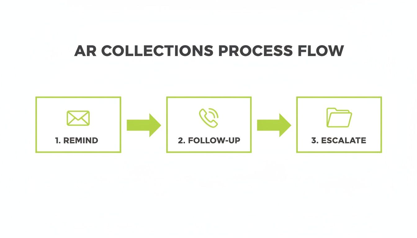 AR collections process flow diagram showing three steps: Remind (email), Follow-up (phone call), and Escalate (folder).