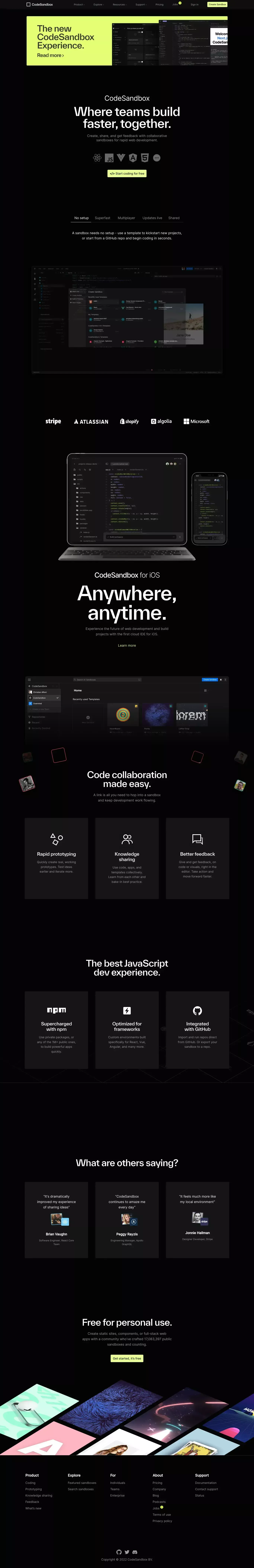 CodeSandbox: Online Code Editor and IDE landing page screenshot showcasing Tech design