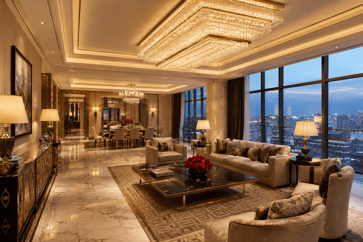 Grand luxury hotel lobby with high ceilings,  crystal chandeliers, elegant furniture and warm  golden lighting for a premium welcome at Aurevil
