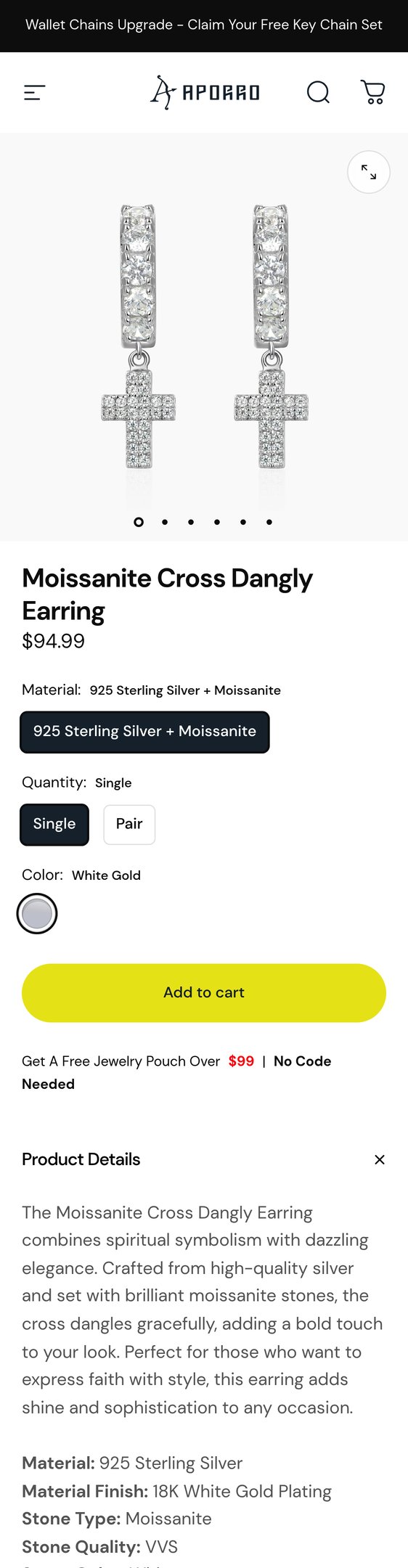 Jewelry product options include: earring for Moissanite Cross Dangly Earring from APORRO.