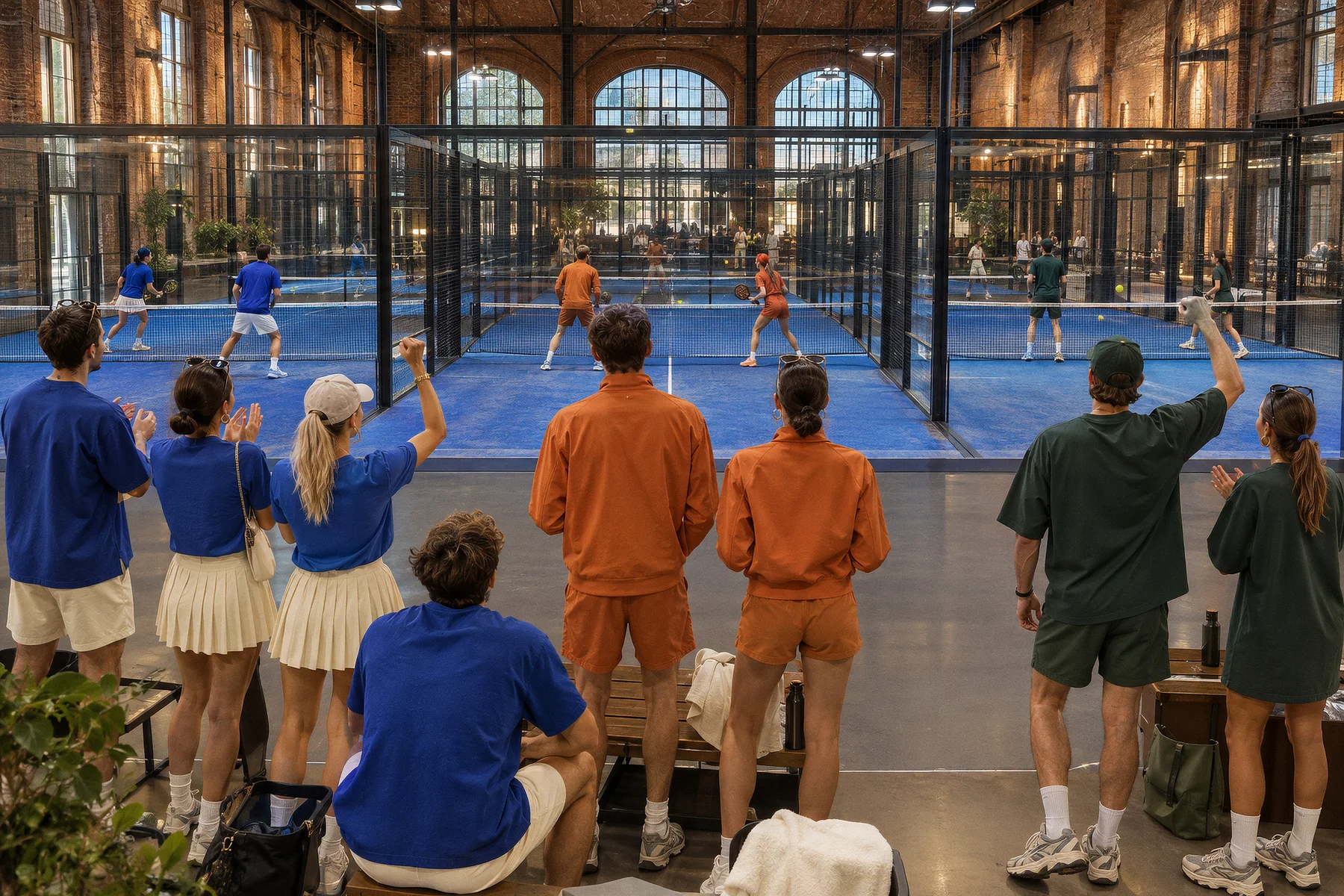 Company teams in a padel league play on three courts while colleagues cheer