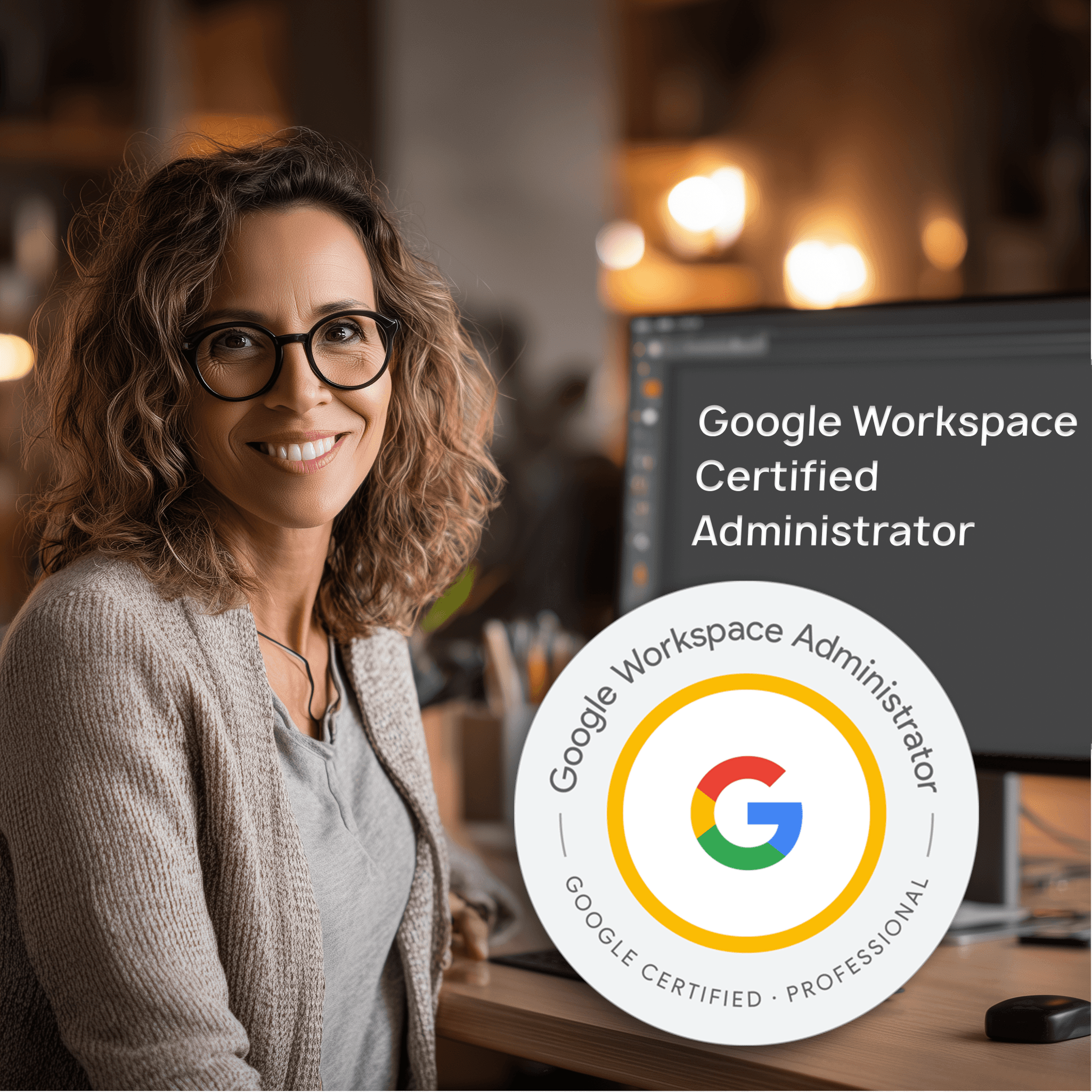 Happy woman produly showing google certification badge