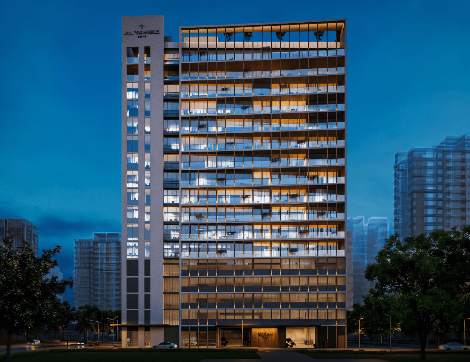 Norah Residence illuminated at night, showcasing its architectural features against a dark sky.