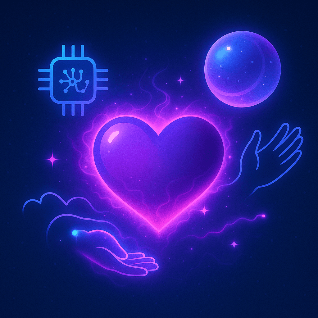 Leuchtendes Herz mit Mikrochip und Händen – Symbol für die Zukunft der Liebe mit künstlicher Intelligenz | LoveHelper Blog