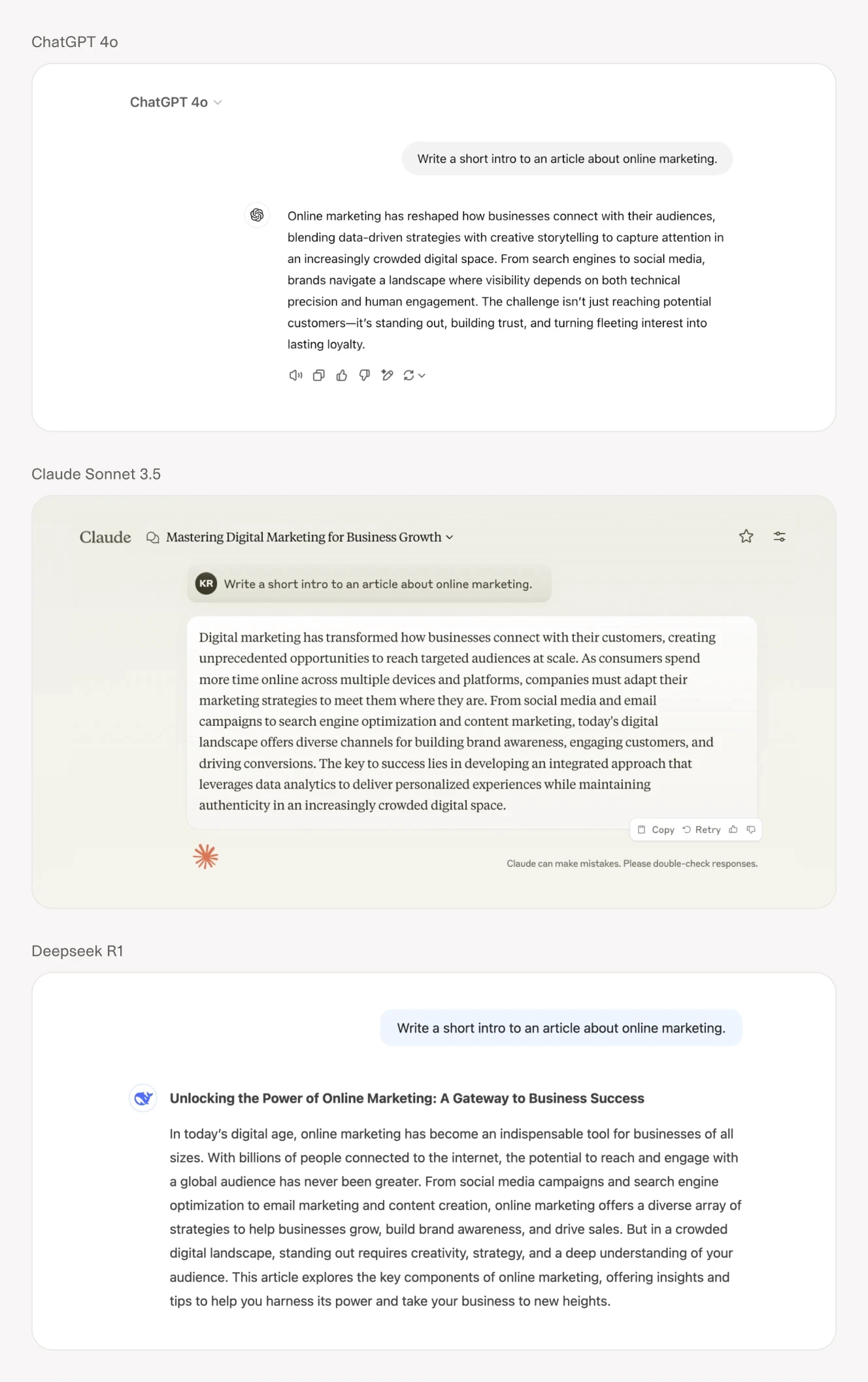 A side-by-side comparison of AI-generated text from different models—ChatGPT 4o, Claude Sonnet 3.5, and DeepSeek R1.