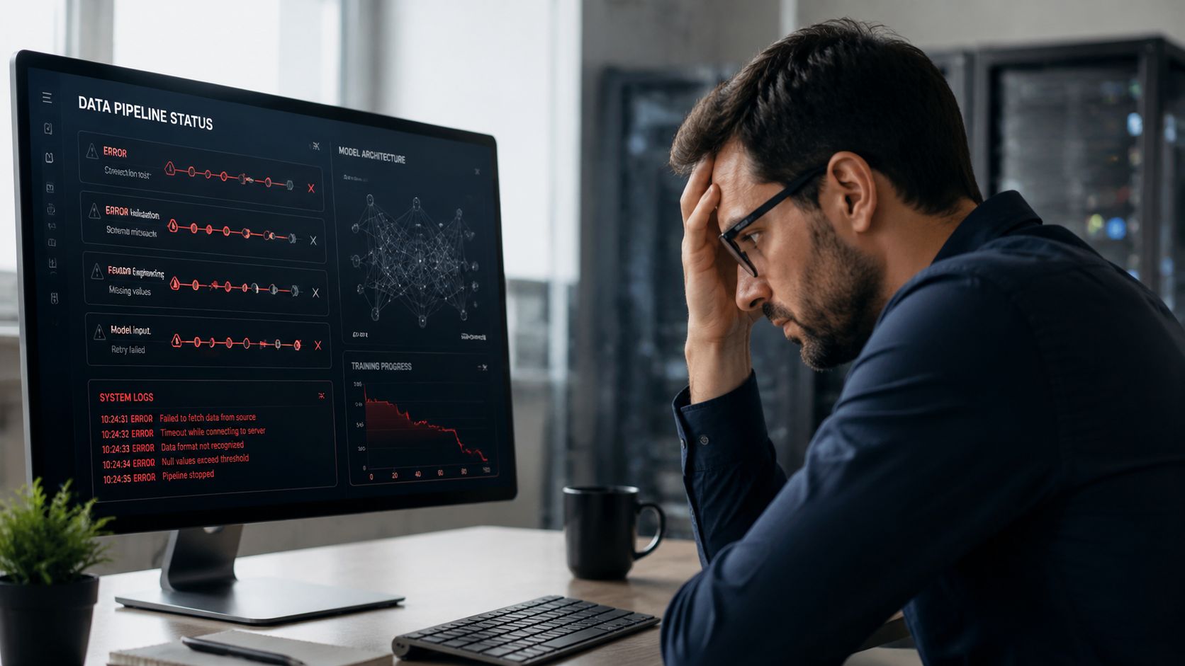 A stressed data scientist looking at computer screen displaying multiple system errors and failed data pipelines.