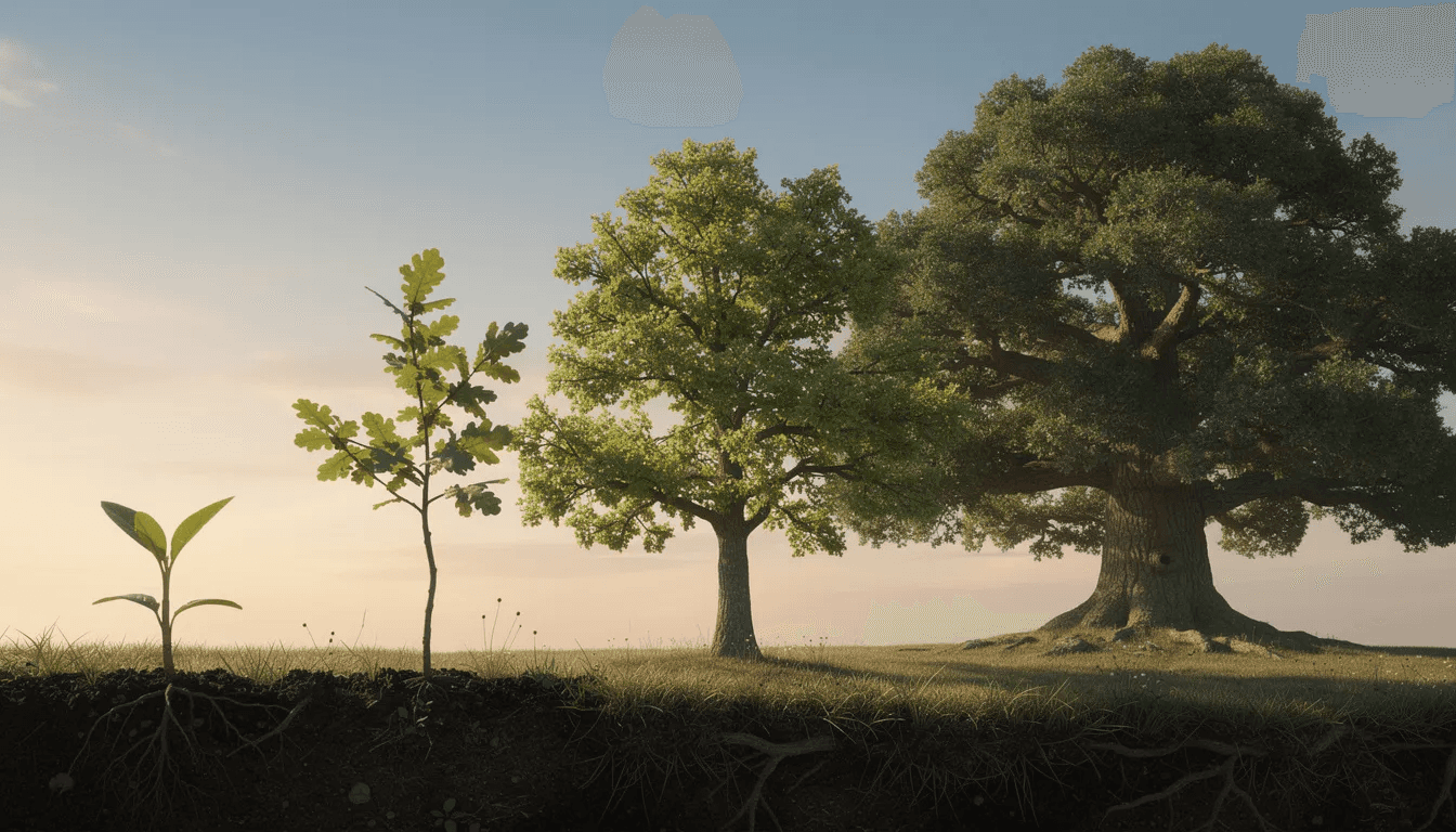 The image depicts a small seedling gradually growing into a large oak tree, symbolizing the journey of nurturing investments and financial strategies over time to achieve a secure and prosperous future. This visual metaphor reflects the importance of careful planning, akin to business succession planning and retirement planning, for individuals and firms aiming to build a lasting legacy.