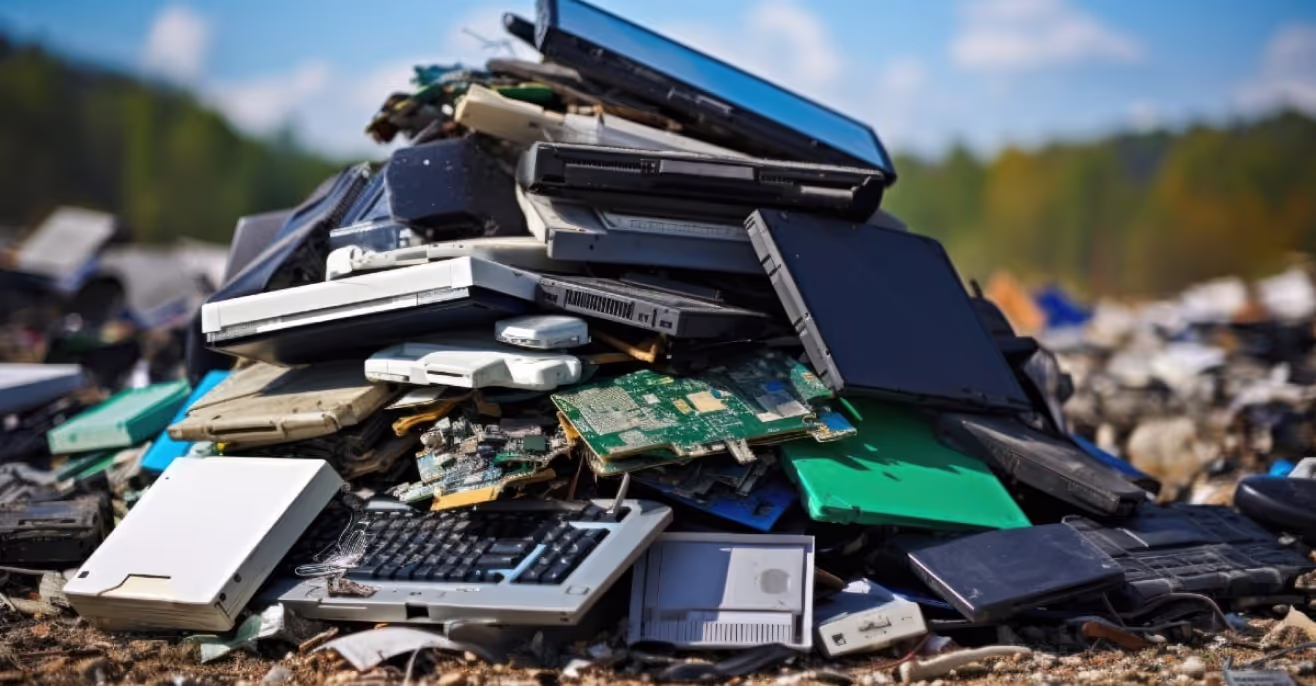 A pile of discarded laptops, keyboards, hard drives and circuit boards heaped outdoors
