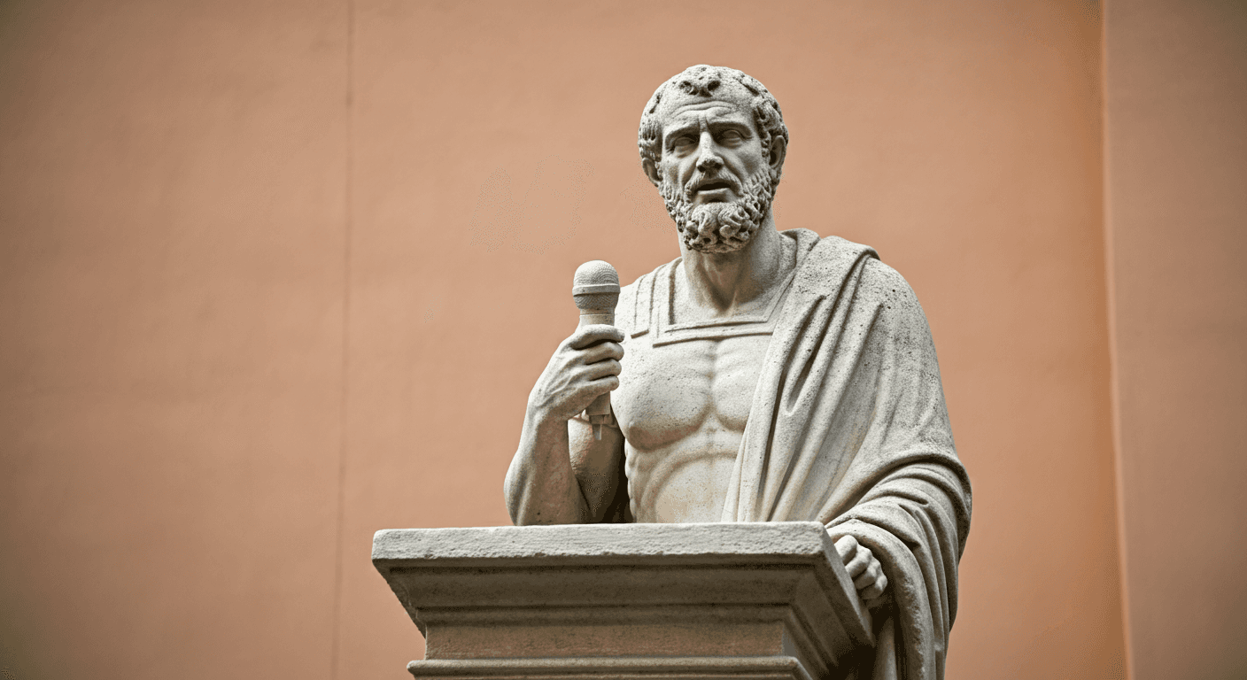 a statue of a man speaking with a microphone