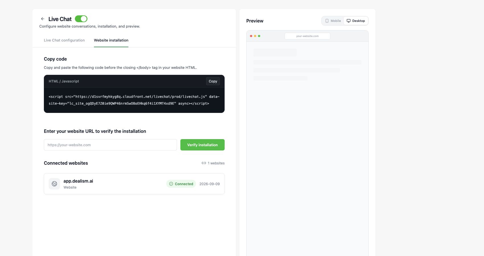 Dealism Website installation tab with copy code, website verification, and connected websites