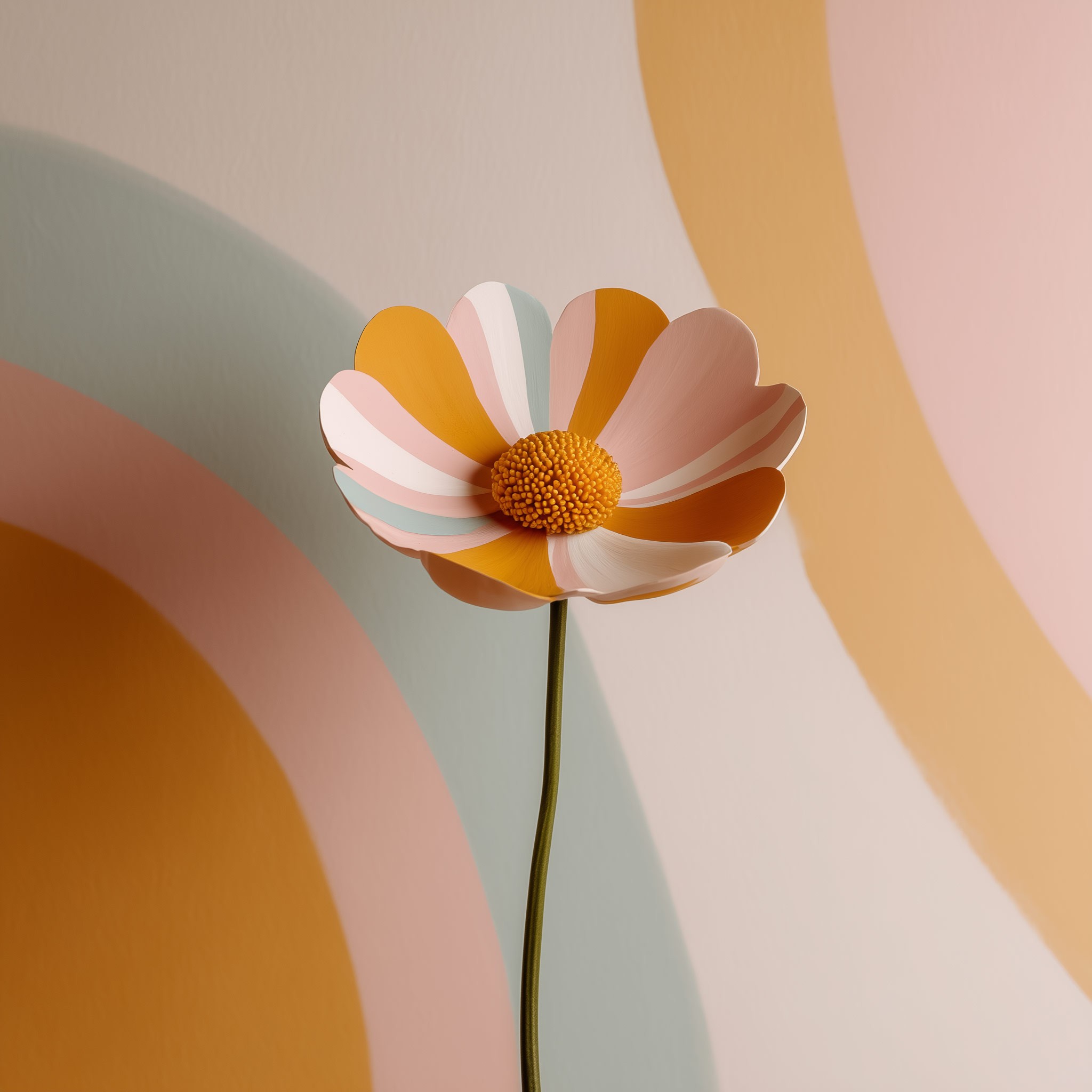 Single yellow-orange flower against peachy abstract background
