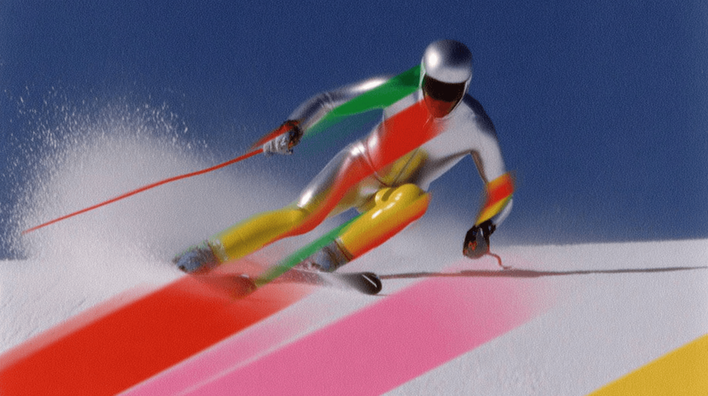 Direct hard flash photography on snowy slope, High contrast night skiing, Raw energy composition, Aggressive Visual System, Engineered by Aventi