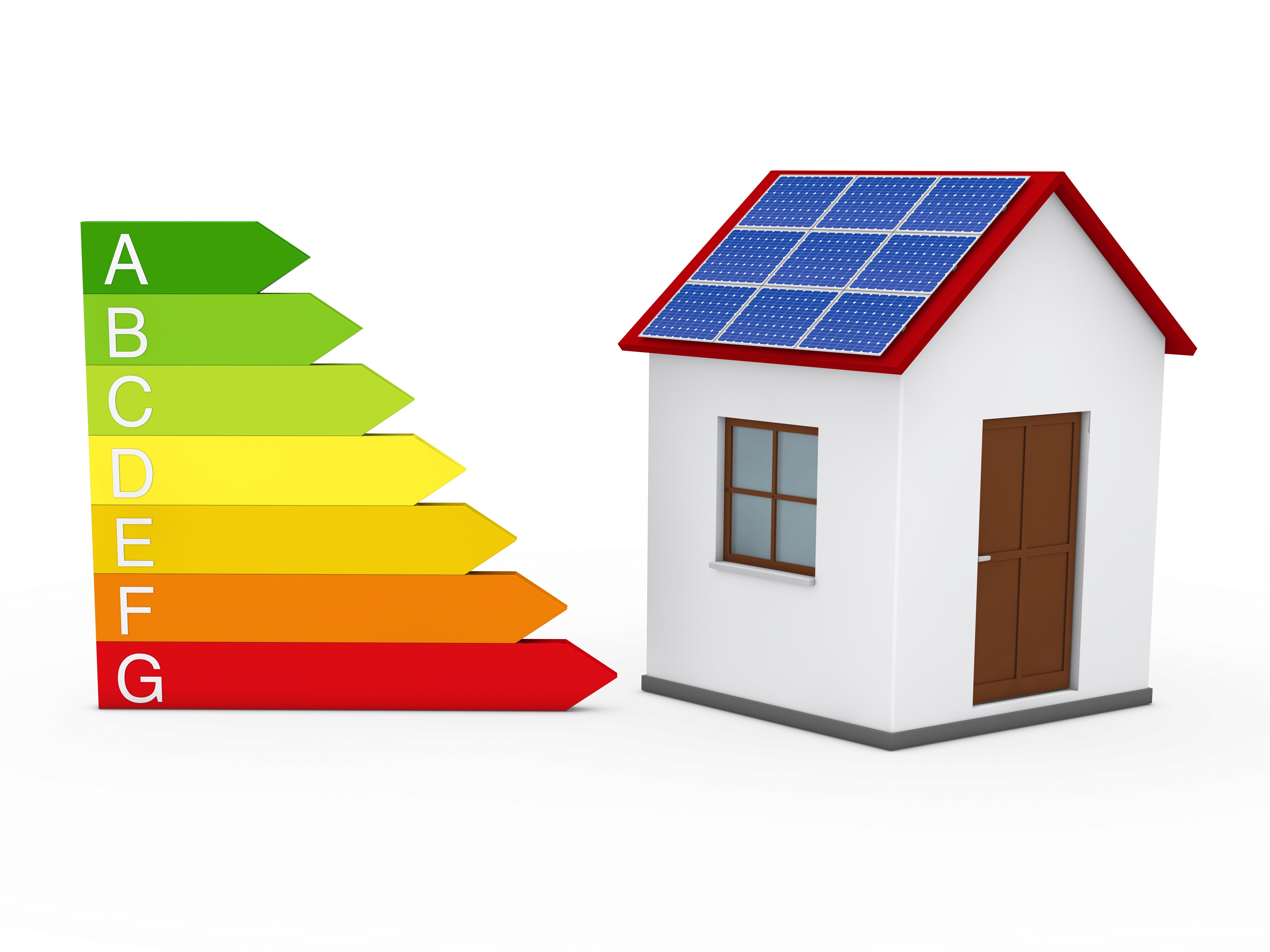 Energy efficiency meter next to 3D model of a house