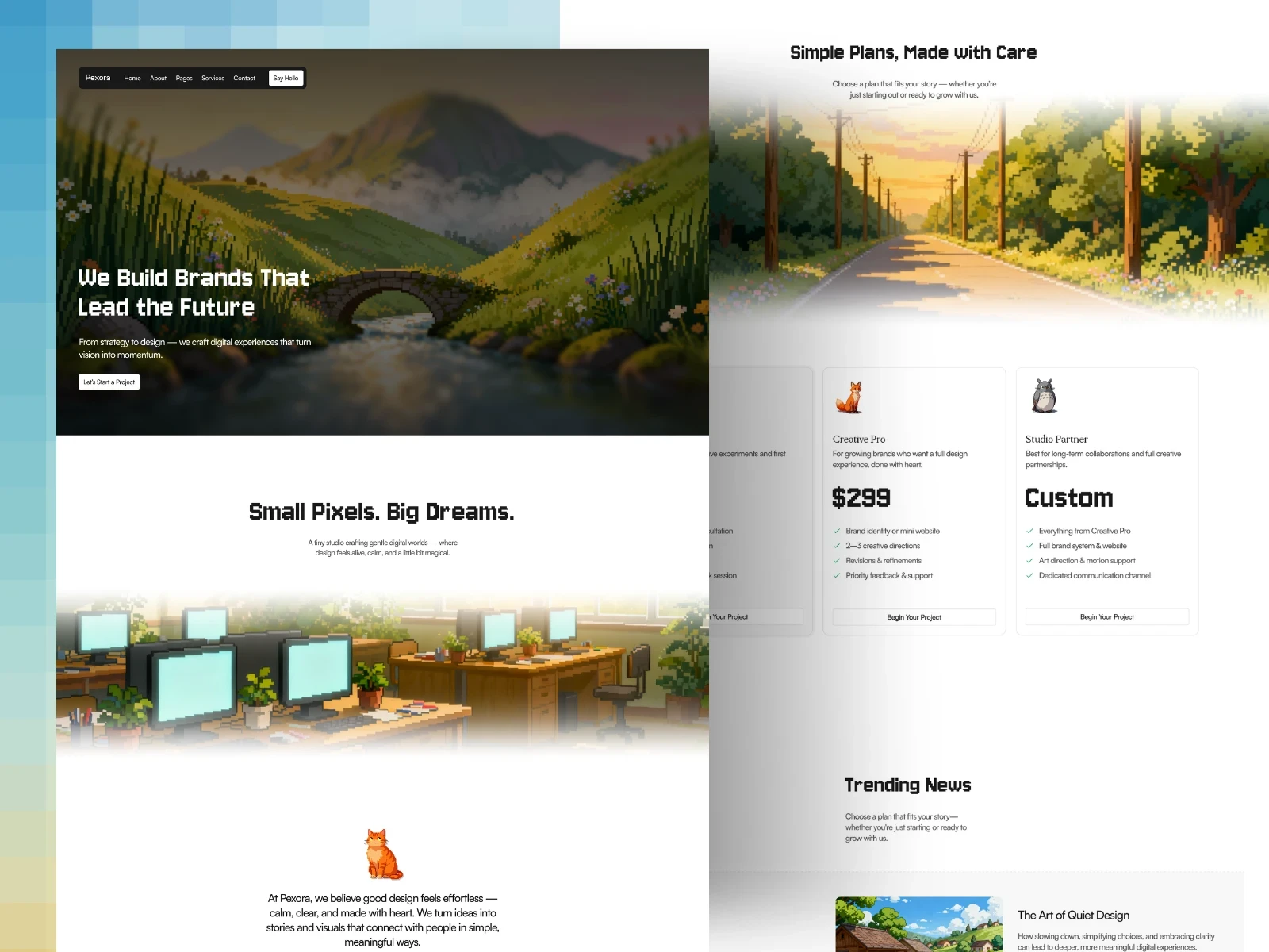 Pexora creative agency Framer template featuring pixel art visuals, branding services, pricing plans, and a playful retro-inspired design.