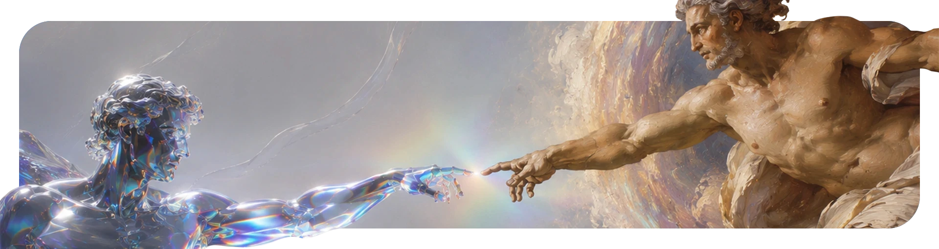 Uma composição de imagens que se assemelha à obra "Criação de Adão˜. A direita, temos a representação de Deus como na obra e, à esquerda, um homem composto por um material holográfico