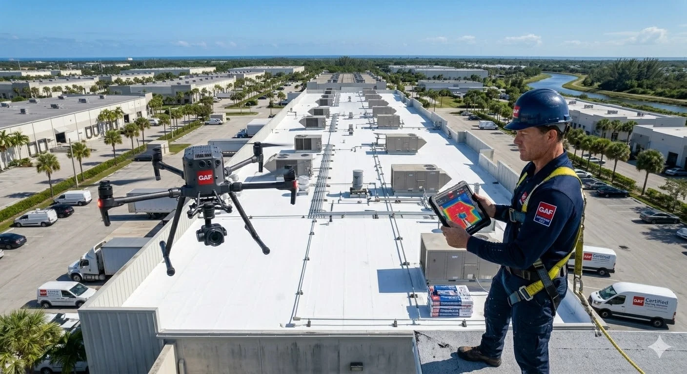 Commercial roof inspection South Florida — Roofing Network inspector assessing flat membrane condition on commercial building