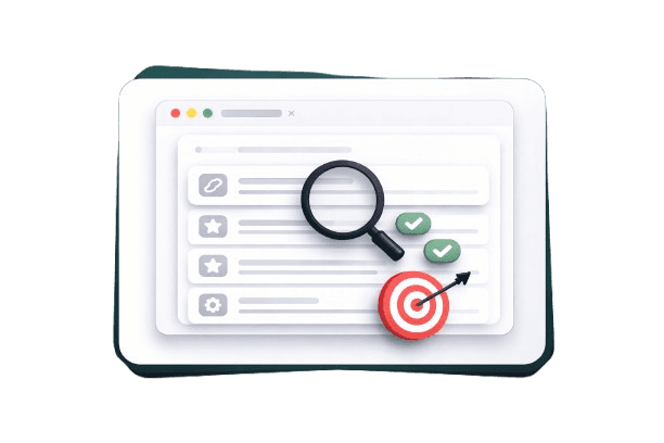 SEO dashboard illustration showing website metrics, growth charts, backlinks, and performance indicators inside a floating card.