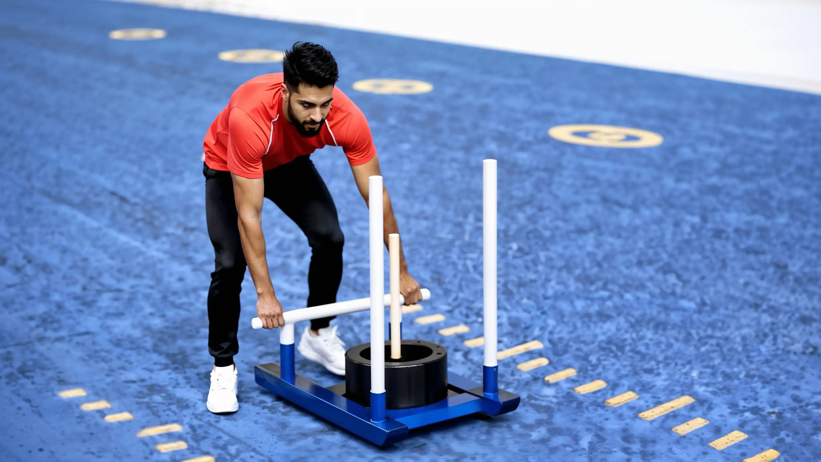 fitness exercise: man pushes a sled