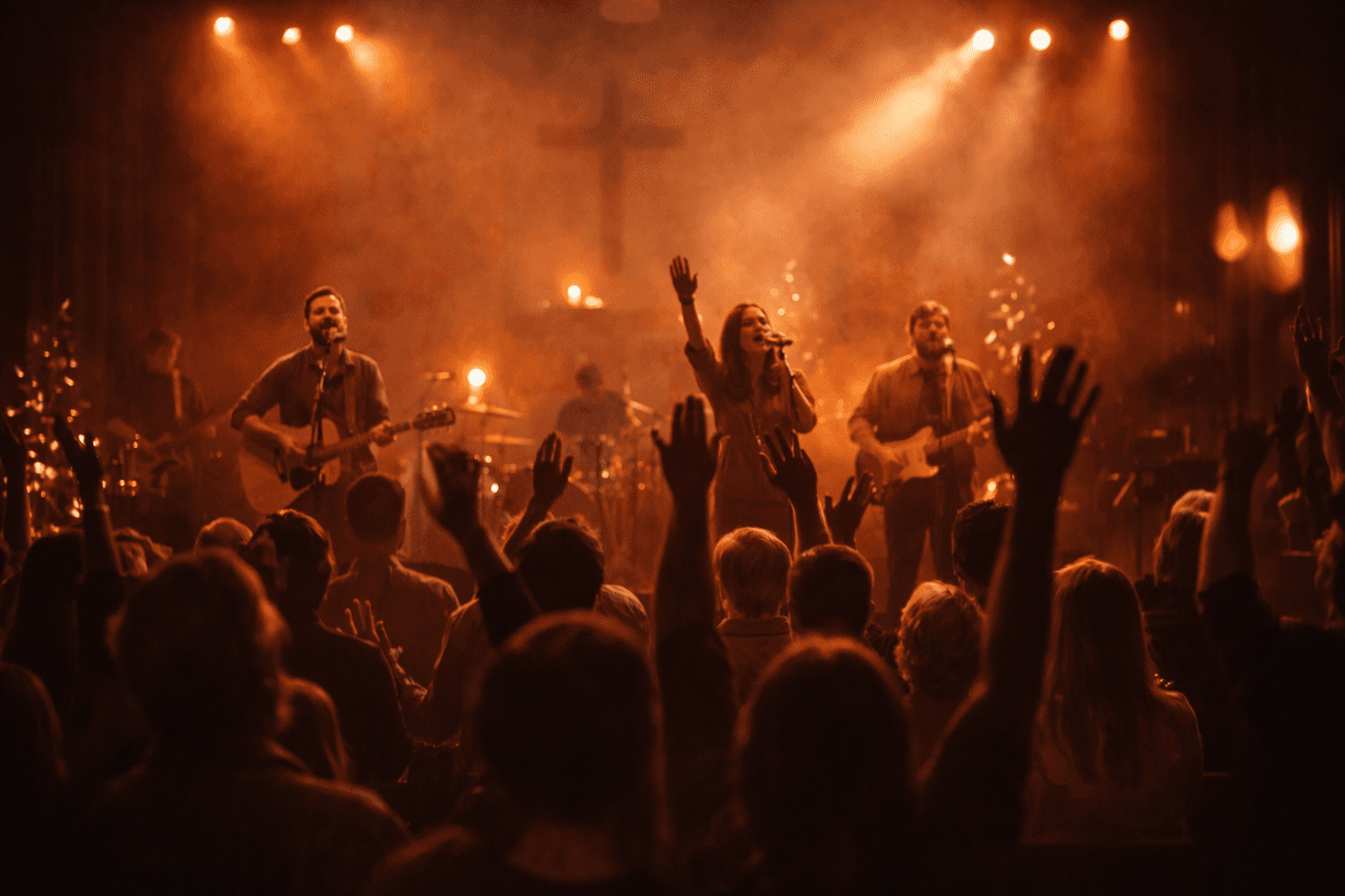 Young people worshiping together during a church youth gathering in a warmly lit church interior.