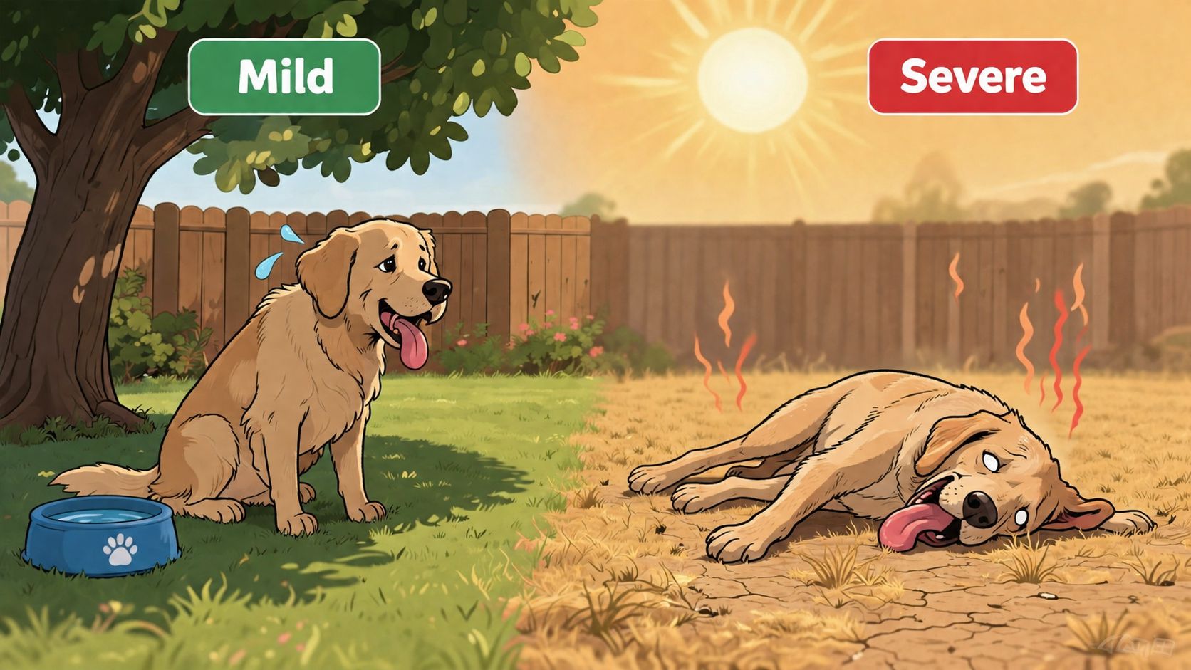 A split image showing a healthy dog in the shade and an overheated dog in the sun.