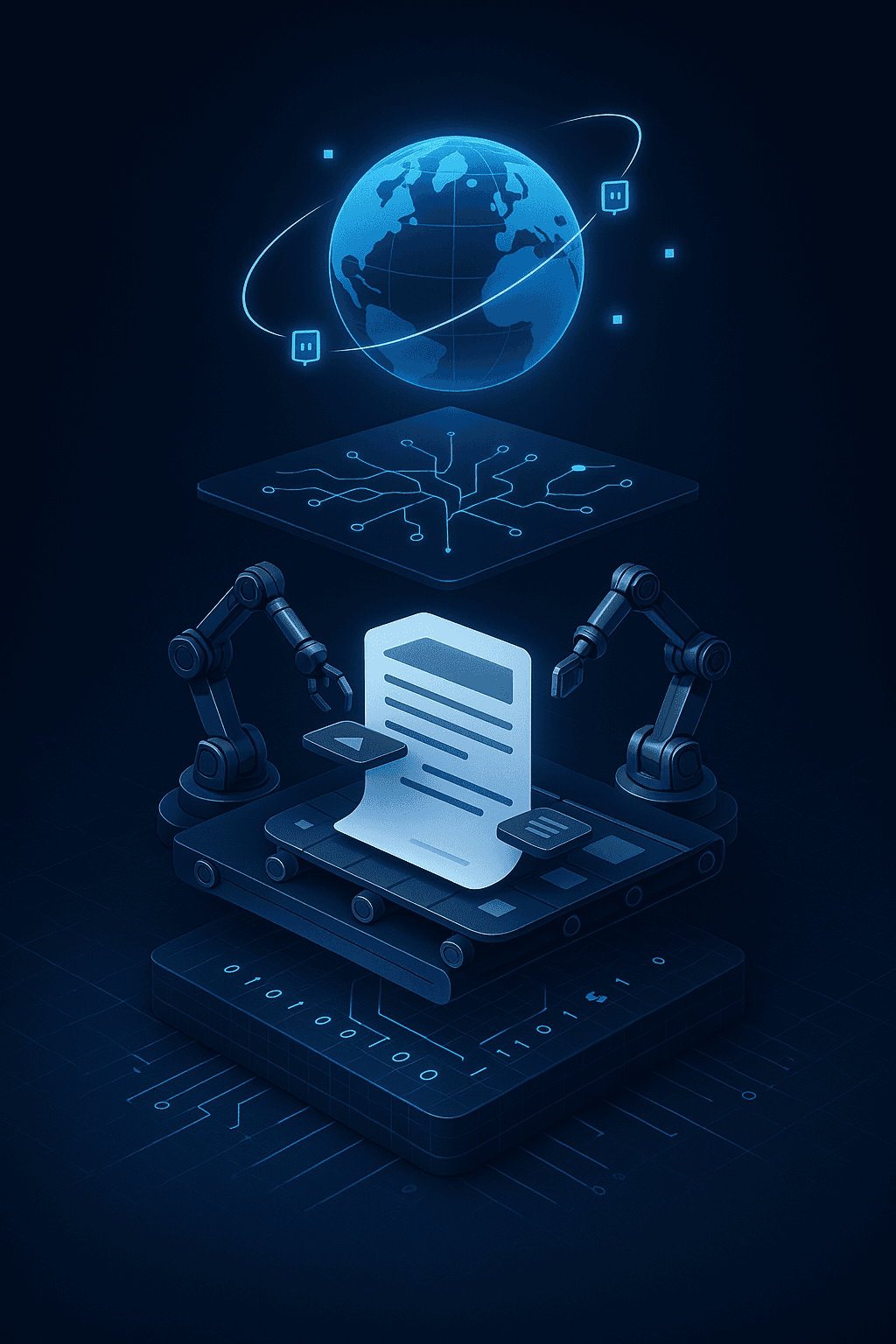 Layered stack diagram illustrating vector database, RAG, automation, and GEO layers in an AI CMS architecture