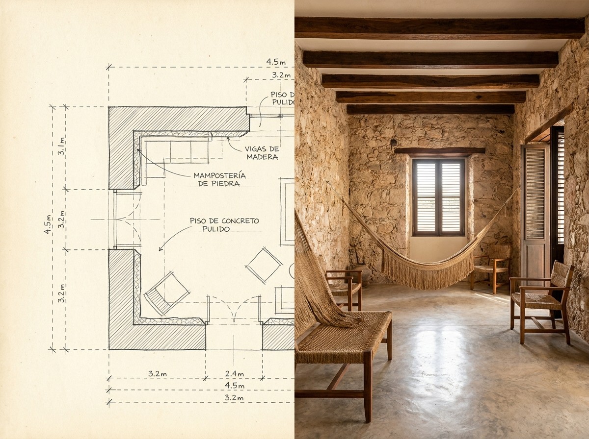 Architectural schematic alongside completed interior — FORMM Mérida integrated architecture and interior design