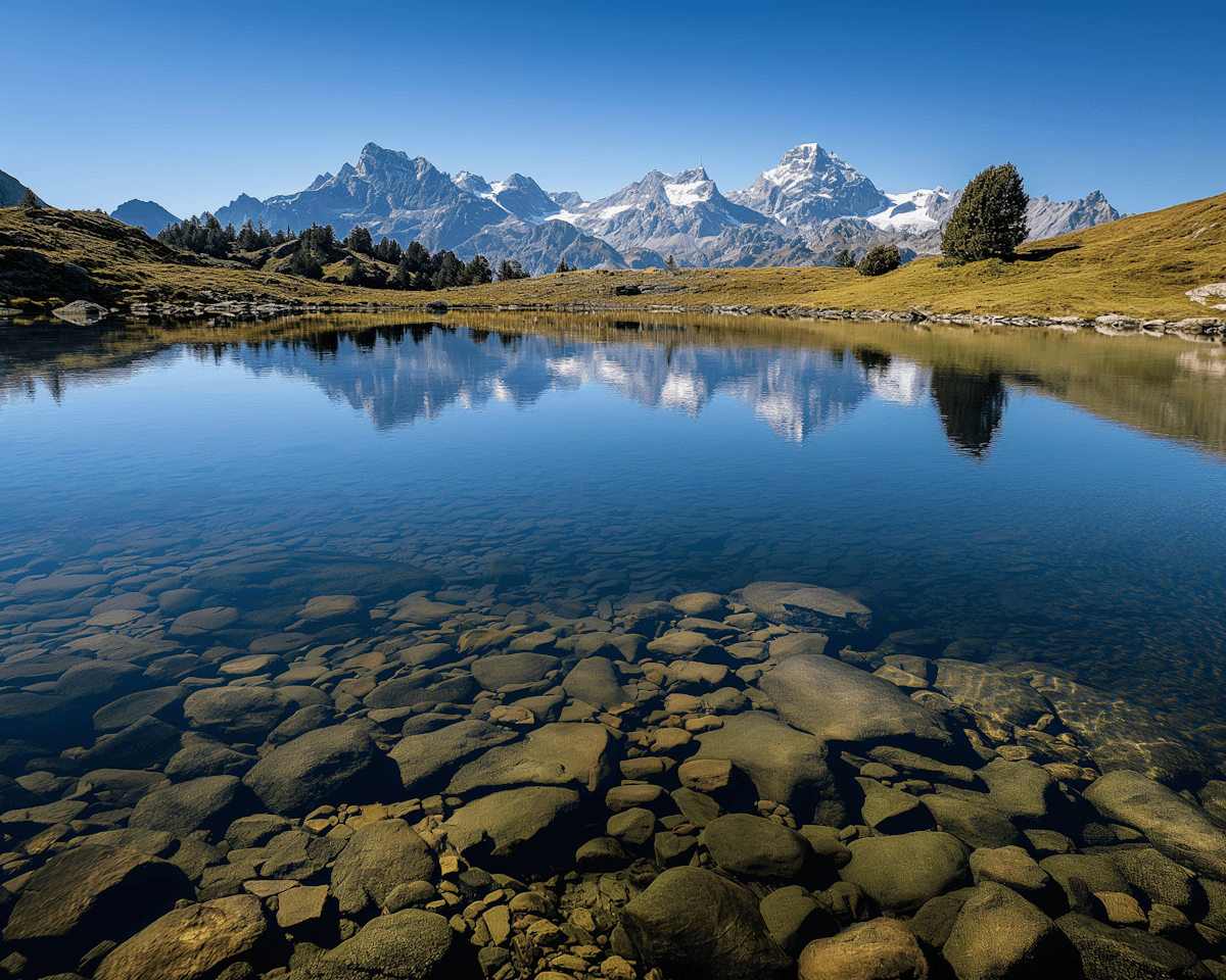 Scenic alpine lake with visible rocky bottom, calm reflections, and distant mountain range under a clear sky.