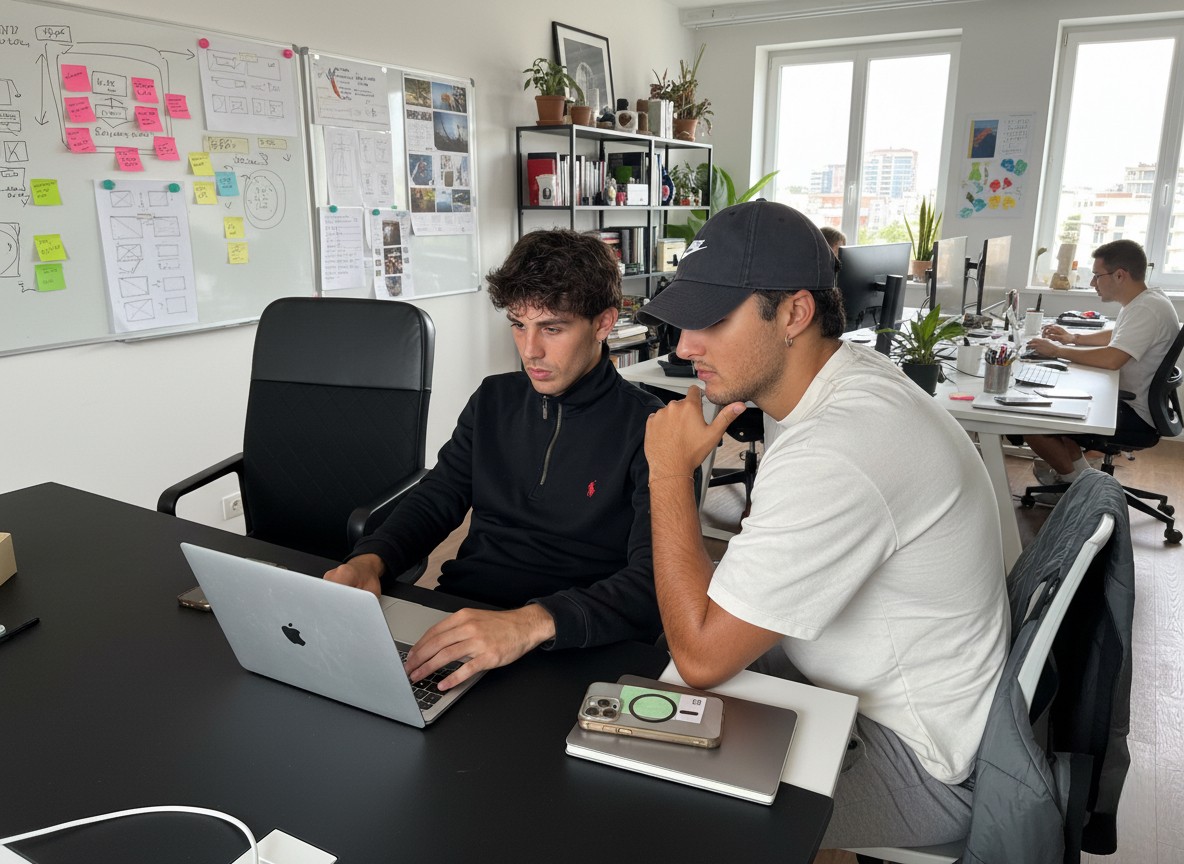 Four diverse professionals collaboratively working on a laptop, with one person pointing at the screen while others observe.