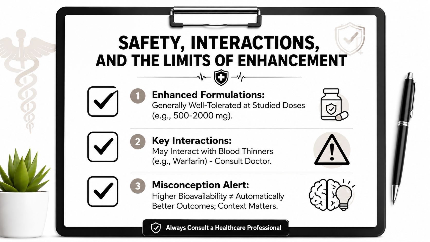A clipboard graphic detailing safety, medication interactions, and bioavailability misconceptions for curcumin supplementation, including a professional disclaimer.