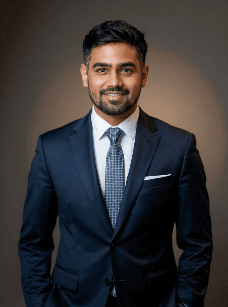 Mature man with glasses and a trimmed beard smiling confidently, standing in warm natural light against a modern backdrop.
