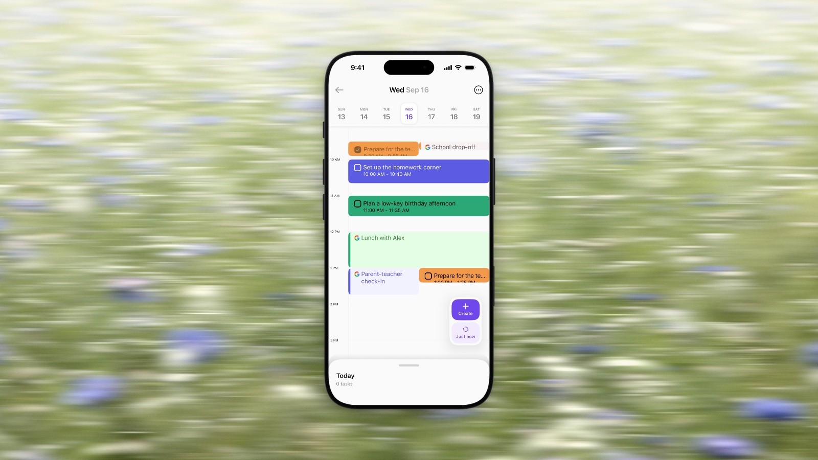 Ellie’s Timebox for Wednesday, September 16 on a whole iPhone over a blurred meadow, with every block of the day shown small