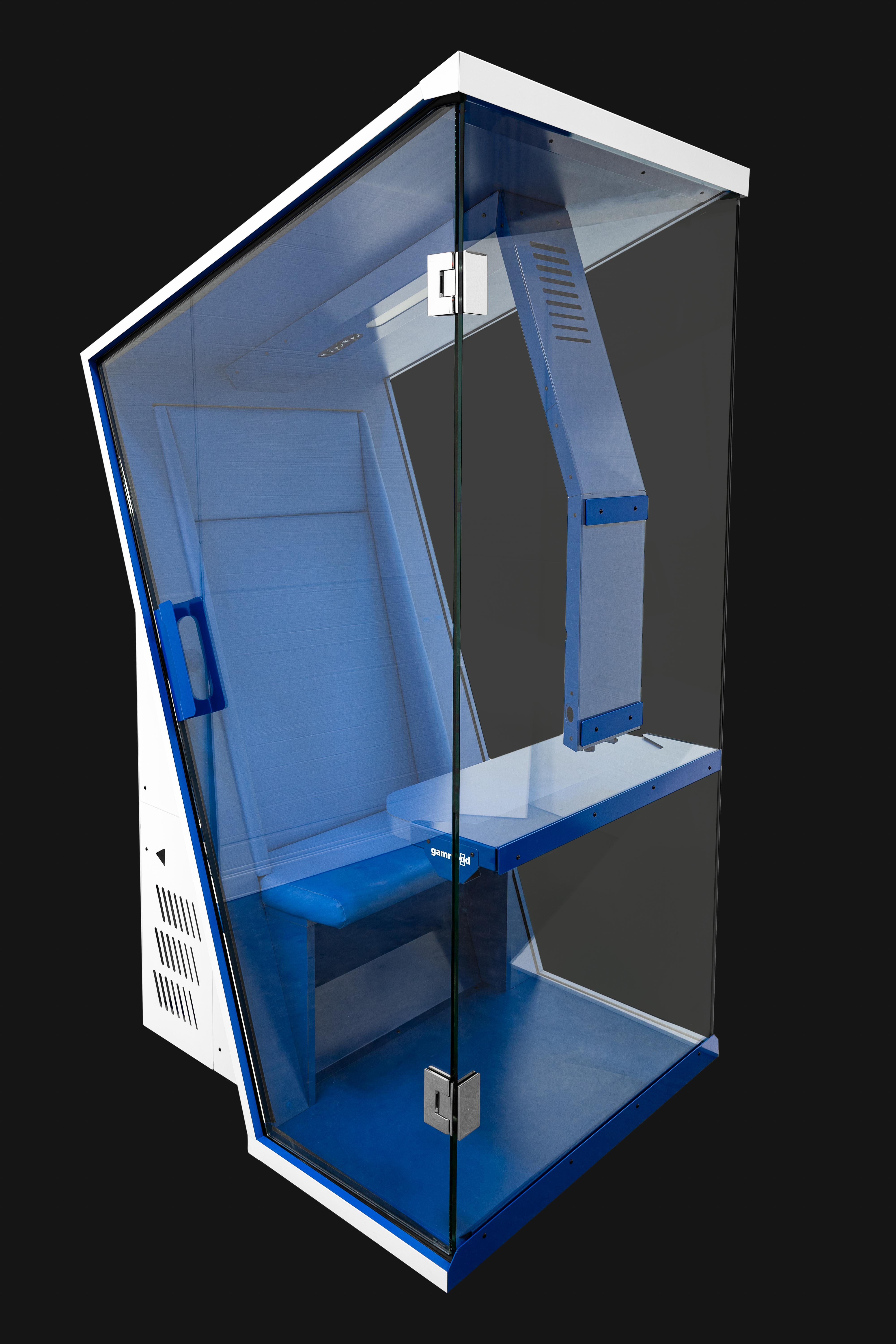 the gamrpod used for people to play video games sits on a black background