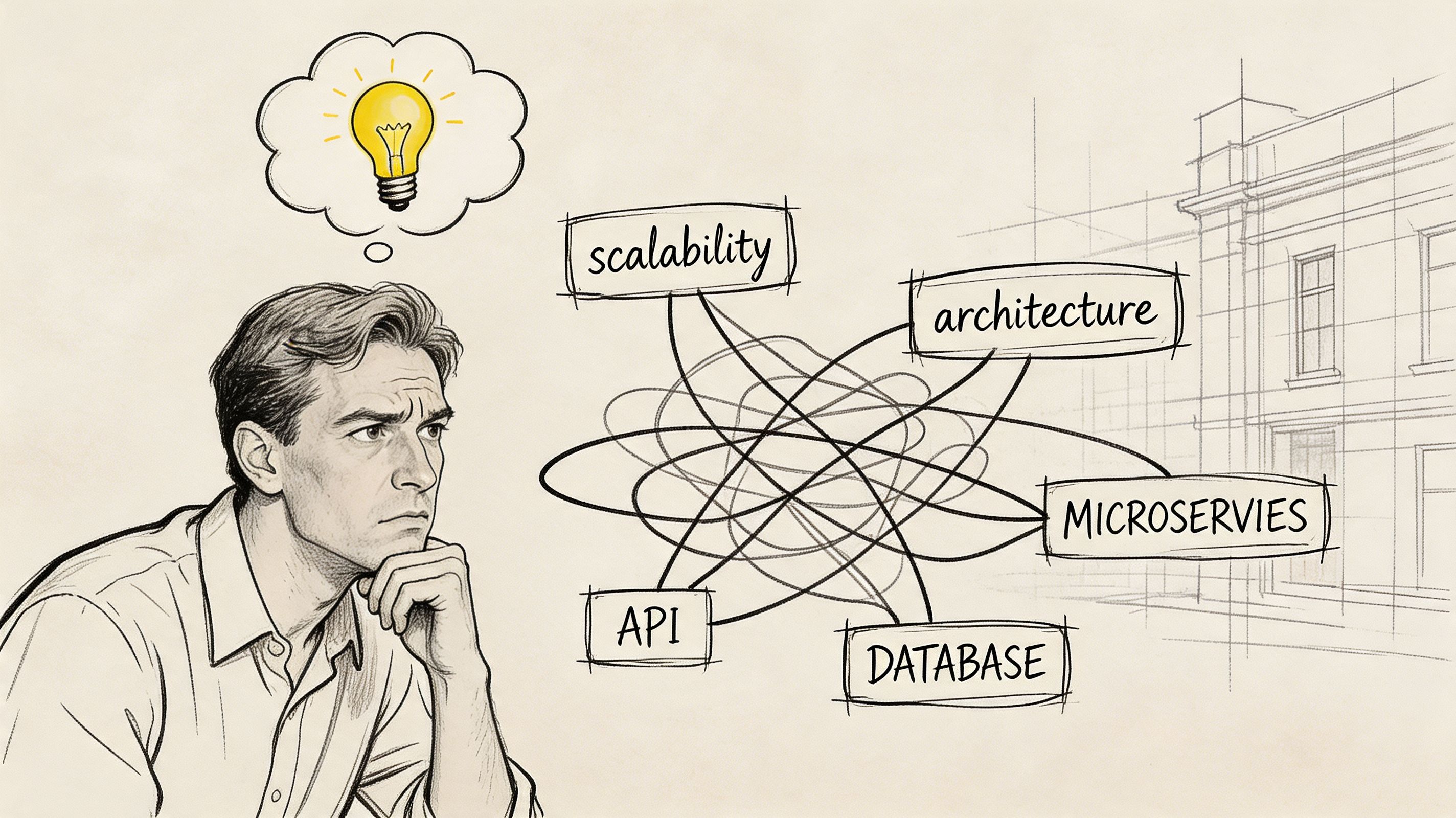 A professional man contemplating a complex web of interconnected technical concepts like scalability, architecture, and microservices.