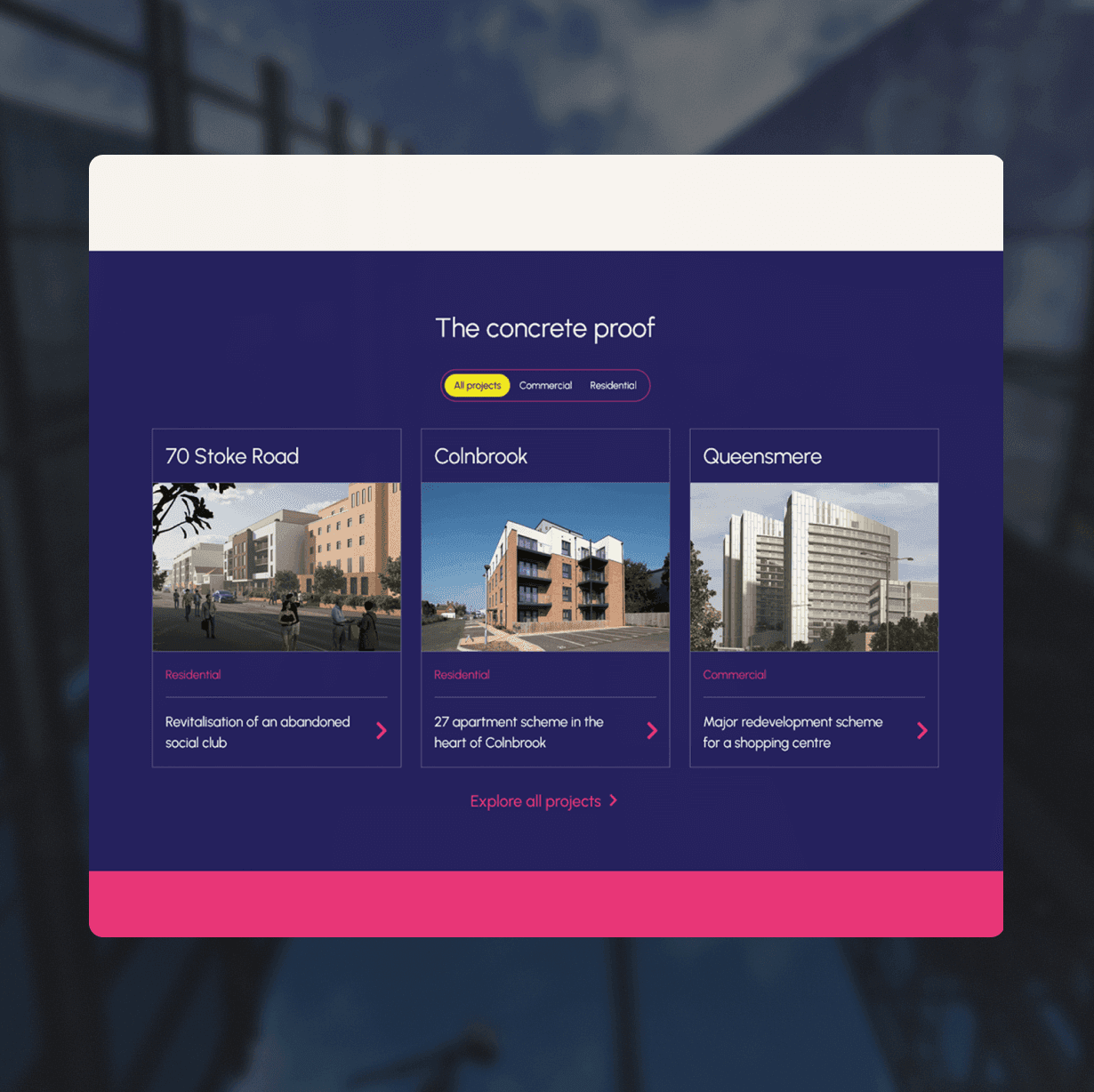 Website design showcasing different real estate development projects: 70 Stoke Road, Coinbrook, and Queensmere.