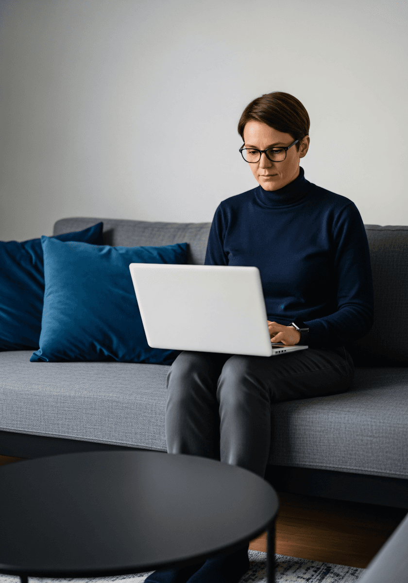 A person seated on a gray sofa works on a laptop, wearing a navy turtleneck and glasses, with a modern interior and blue cushions.