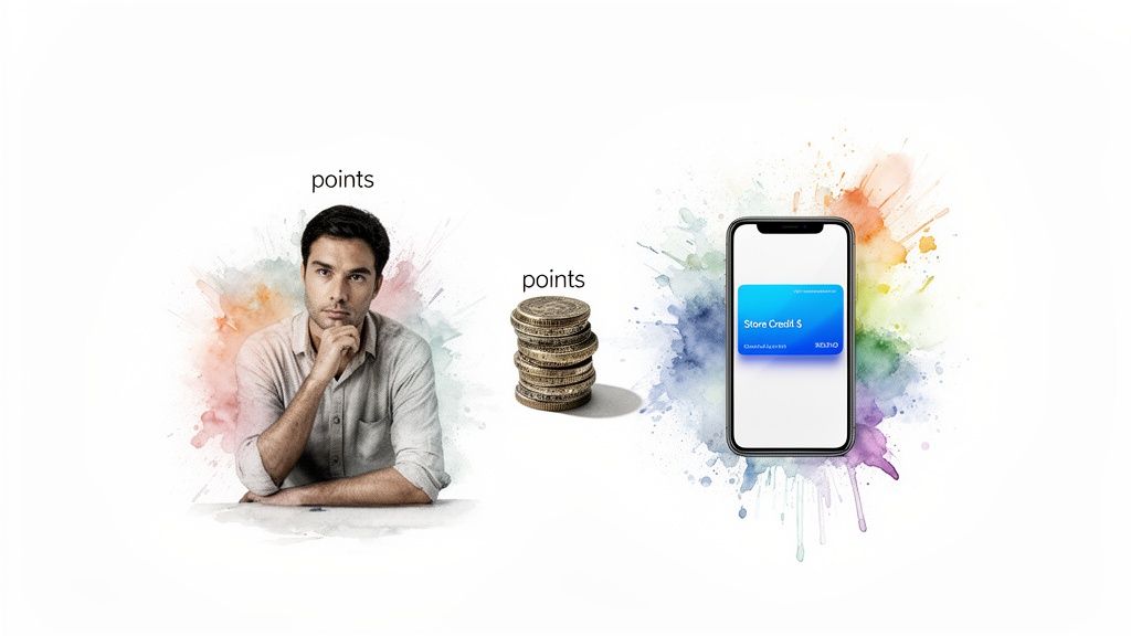 Man, coins, and phone displaying store credit and points, representing a rewards program.