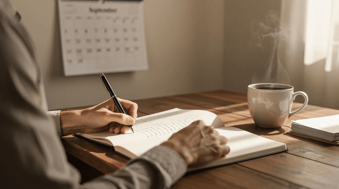A person is sitting at a desk, writing in a journal with a coffee cup and a calendar nearby, symbolizing personal growth and the importance of building a support network for emotional resilience. This scene reflects the journey towards better mental health through meaningful connections and self-reflection.