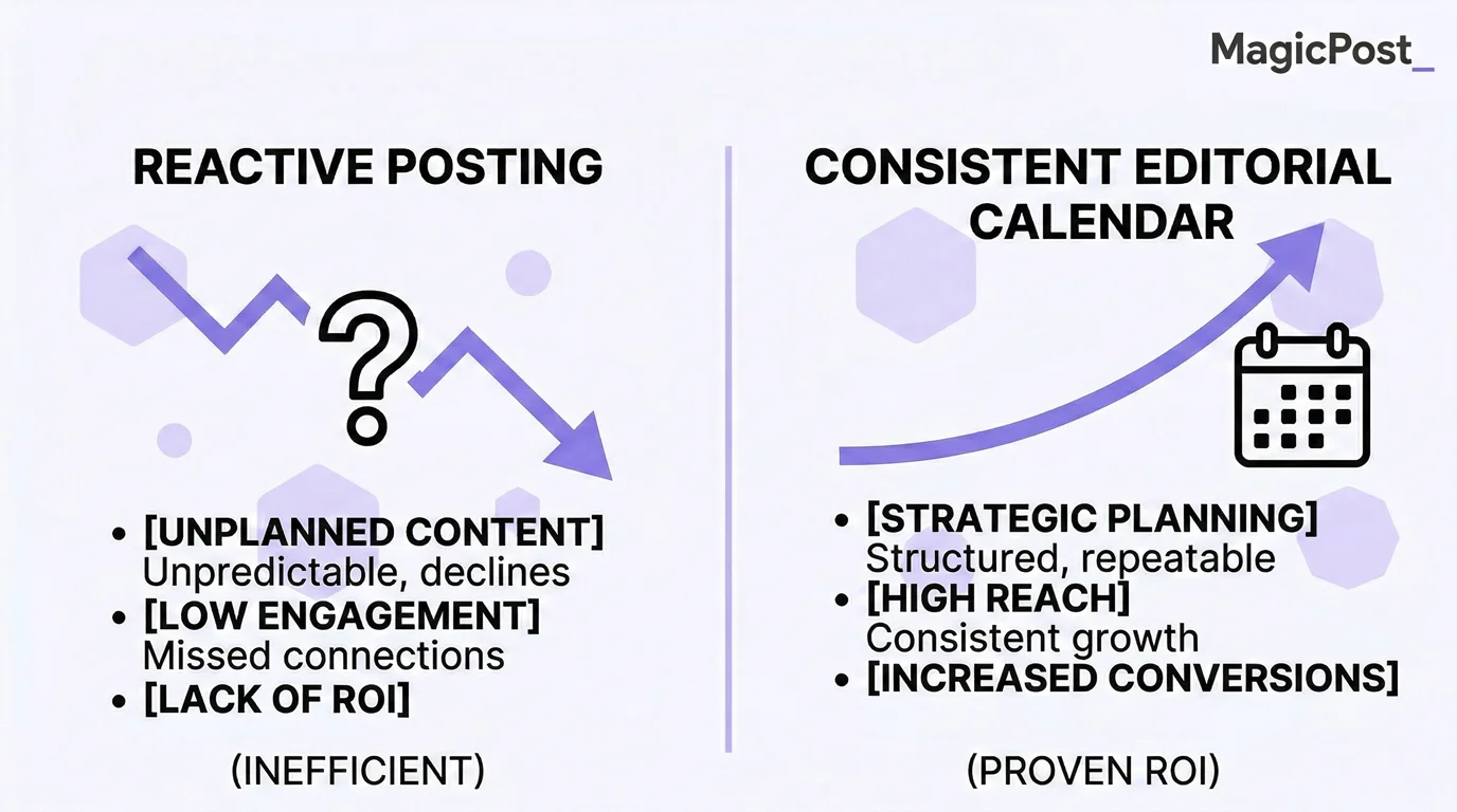 Comparison showing reactive LinkedIn posting leading to declining results versus a consistent editorial calendar driving growth and conversions