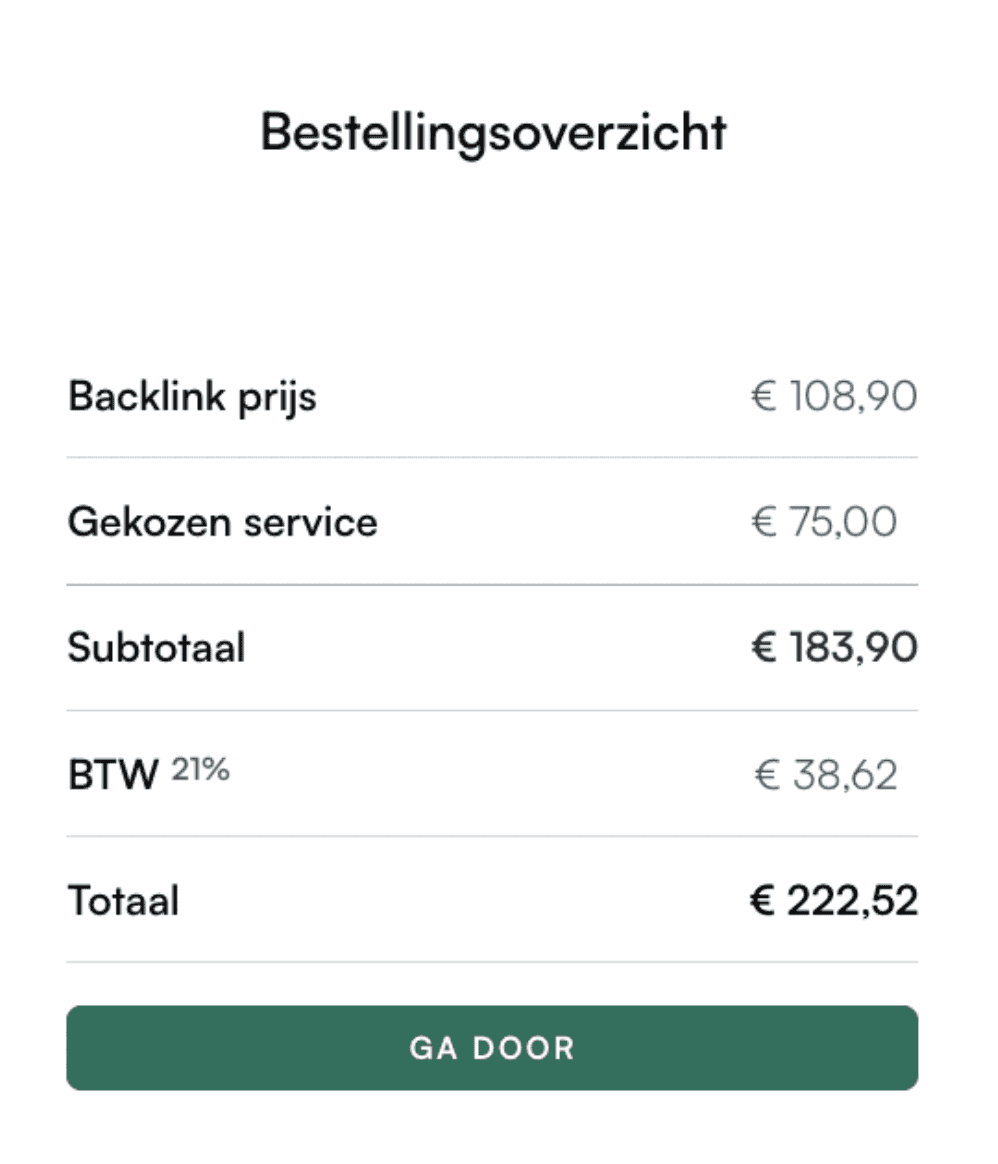 Foto van het bestellingsoverzicht na het bestellen van een backlink