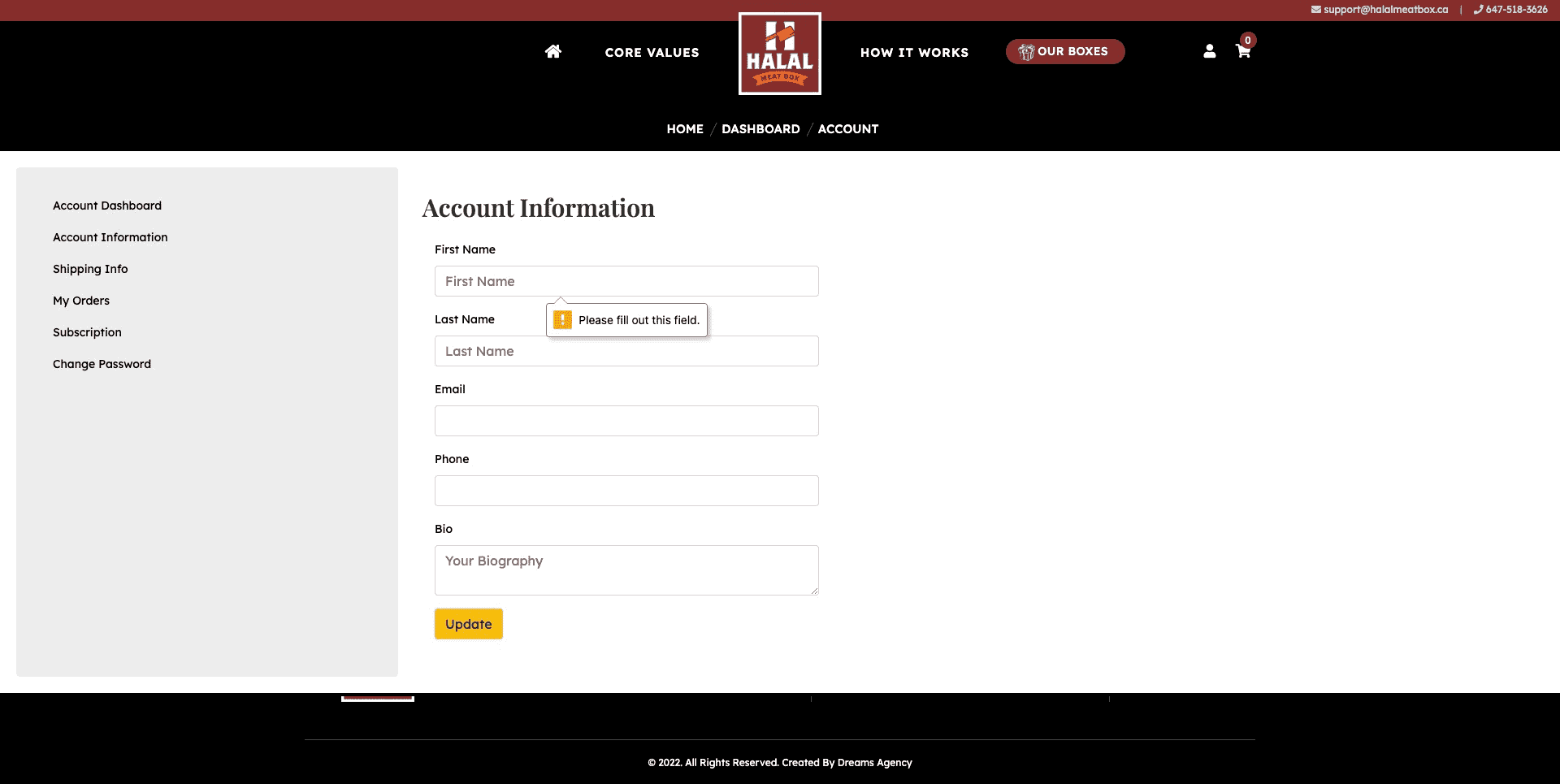 Account-Information page for halalmeatbox website developed & designed by Dreams Agency Mississauga, Ontario