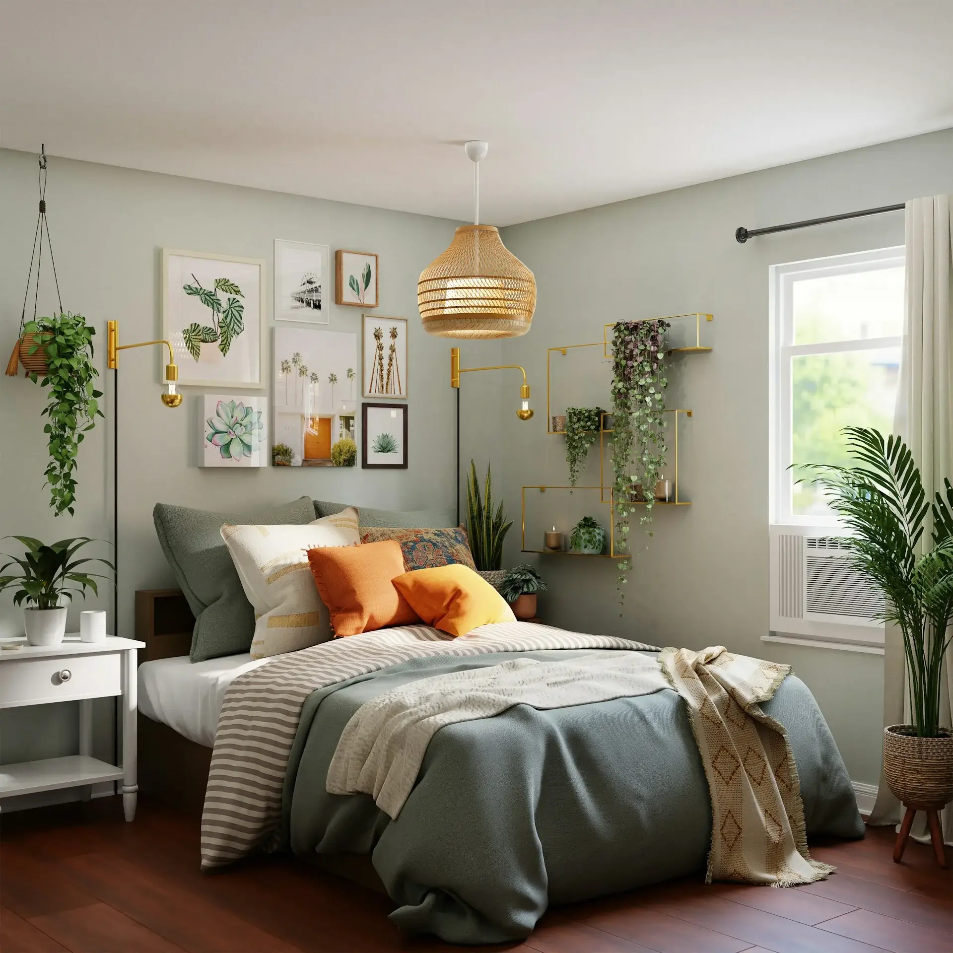 Cozy bedroom with layered bedding, hanging light, wall art, and plants.