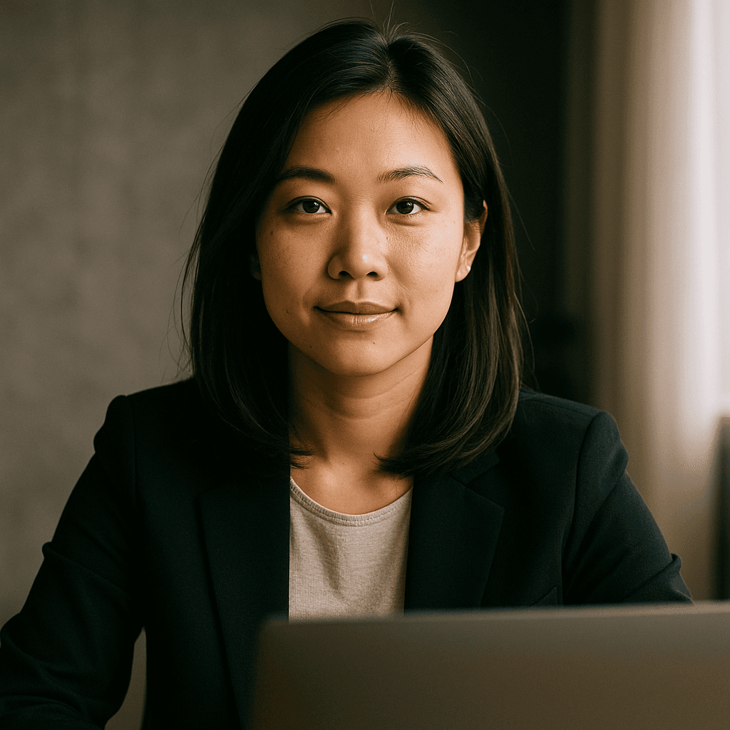 Asian lading with laptop looking towards camera