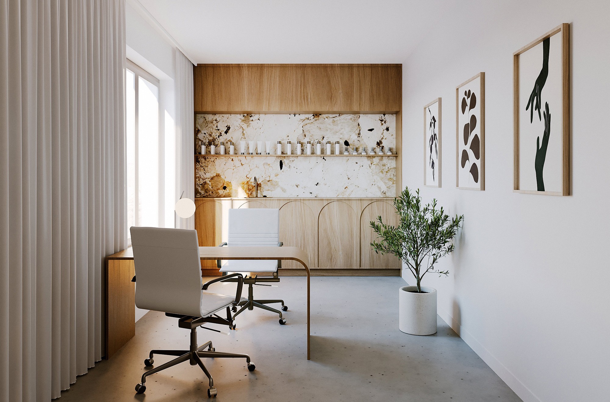 A modern office space featuring a light-colored chair, wooden accents, and wall art, with natural light from a window.