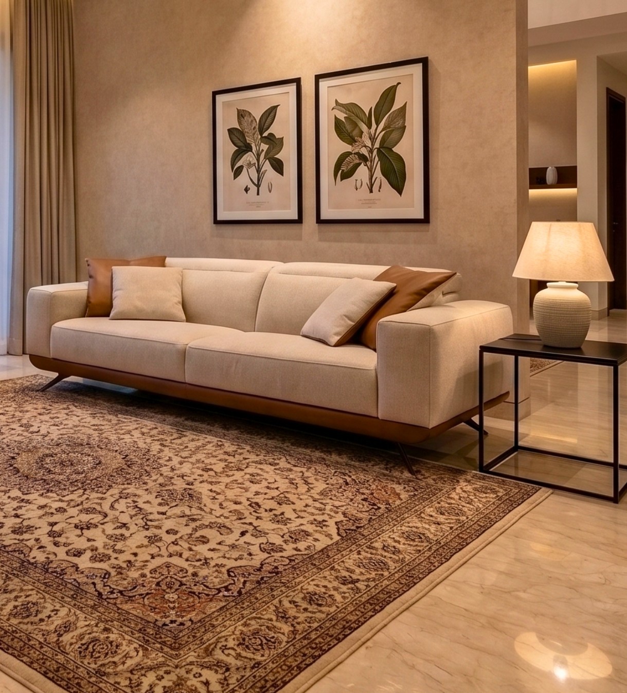 Wide upholstered seating with layered cushions and contrasting brown fabric accents