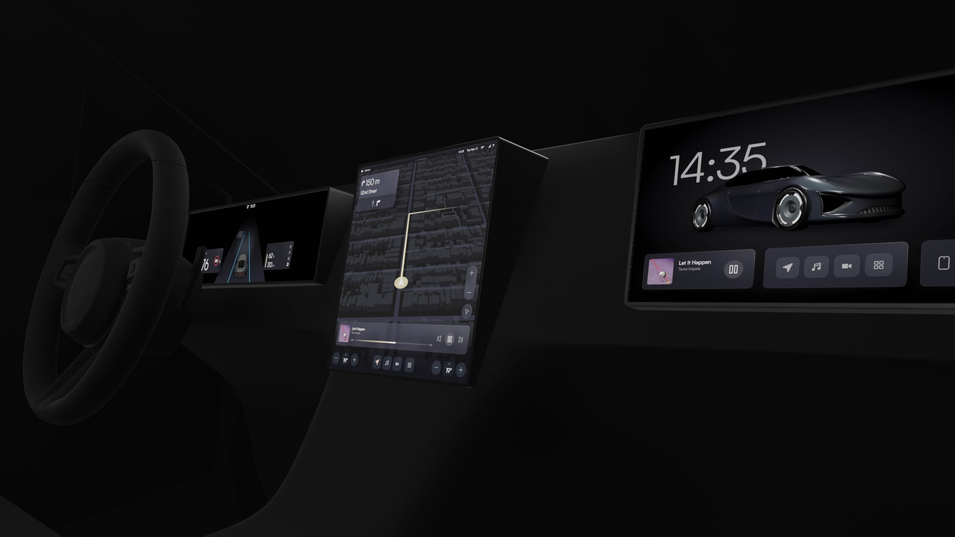 Snapp Automotive multi-screen cockpit with instrument cluster, centre console map, and passenger display