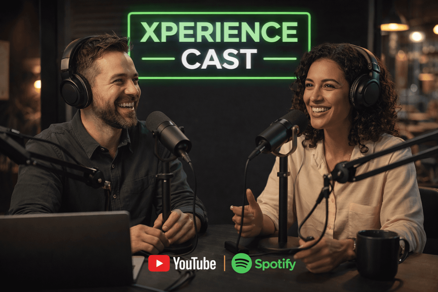 Apresentadores gravando o Xperience Cast em estúdio de podcast, disponível no YouTube e Spotify.