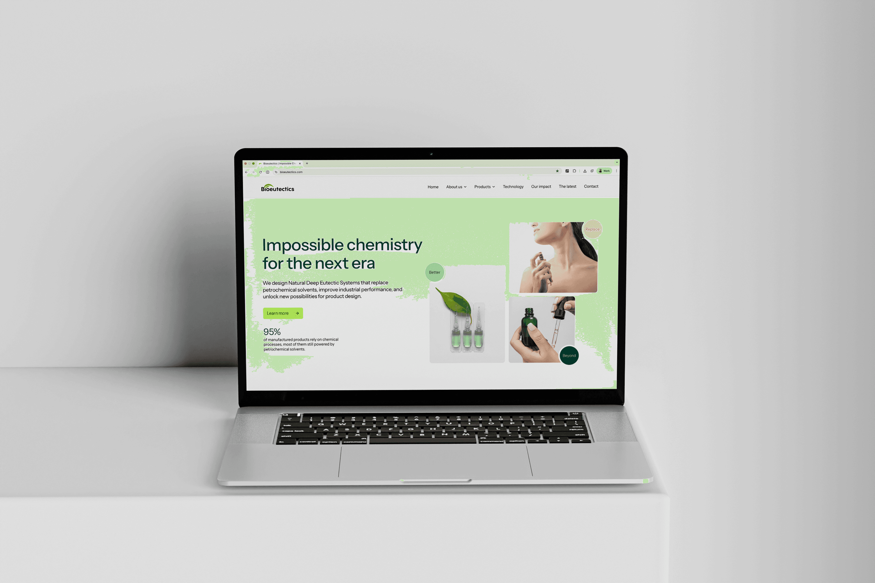 Laptop displaying a website with a green and sustainable industrial product theme, featuring sections on food, personal care, agriculture, and green tech.